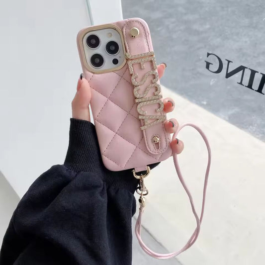 Personalization for iPhone16 15 14 13 12 11ProMax 16Plus Leather Phone Case Letter Name Wristband Crossbody Lanyard Cover