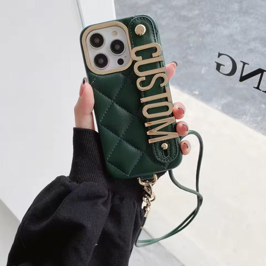 Personalization for iPhone16 15 14 13 12 11ProMax 16Plus Leather Phone Case Letter Name Wristband Crossbody Lanyard Cover