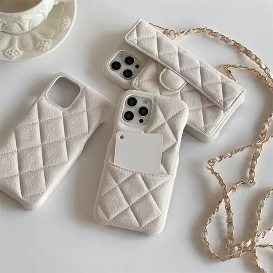 Crossbody Phone Case with Necklace Chain Strap Card Holder for iPhone 16 15 Pro Max 14 13 12 11 Luxury Geometric Leather Cover