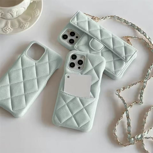 Crossbody Phone Case with Necklace Chain Strap Card Holder for iPhone 16 15 Pro Max 14 13 12 11 Luxury Geometric Leather Cover